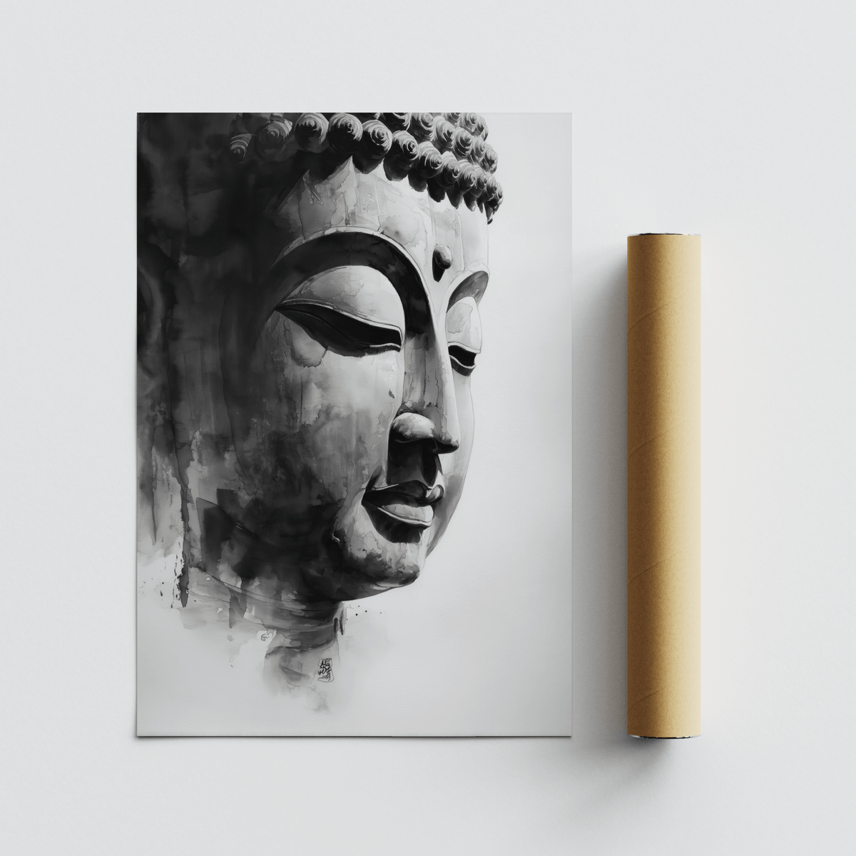 Rolled Buddha art print with face illustration in watercolour shades alongside packaging tube