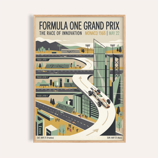 Overview of 1966 Vintage Racing Poster wall art showing a stylized race track with vintage cars and bold typography