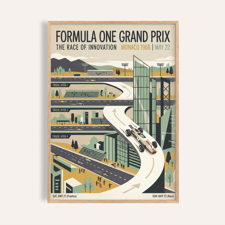Overview of 1966 Vintage Racing Poster wall art showing a stylized race track with vintage cars and bold typography