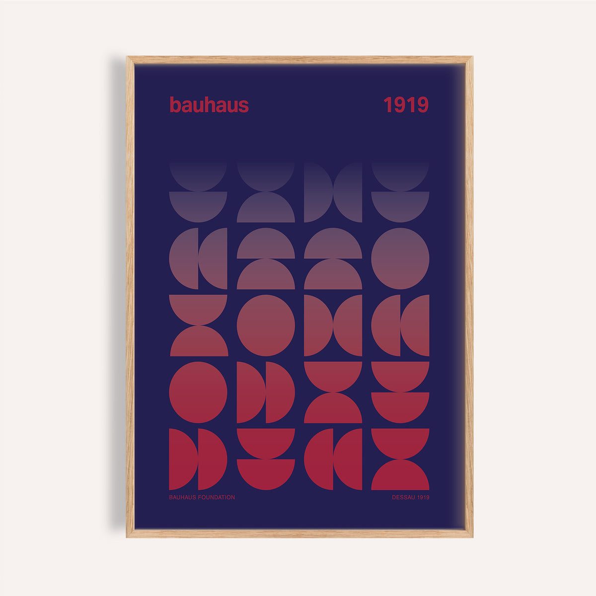 Framed graphic design poster with red and purple geometric gradient shapes in bauhaus style