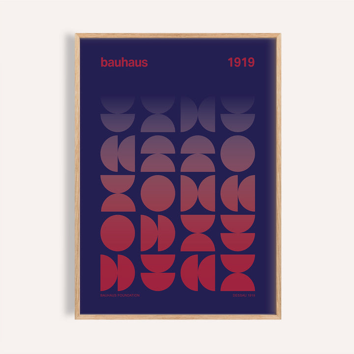 Framed graphic design poster with red and purple geometric gradient shapes in bauhaus style