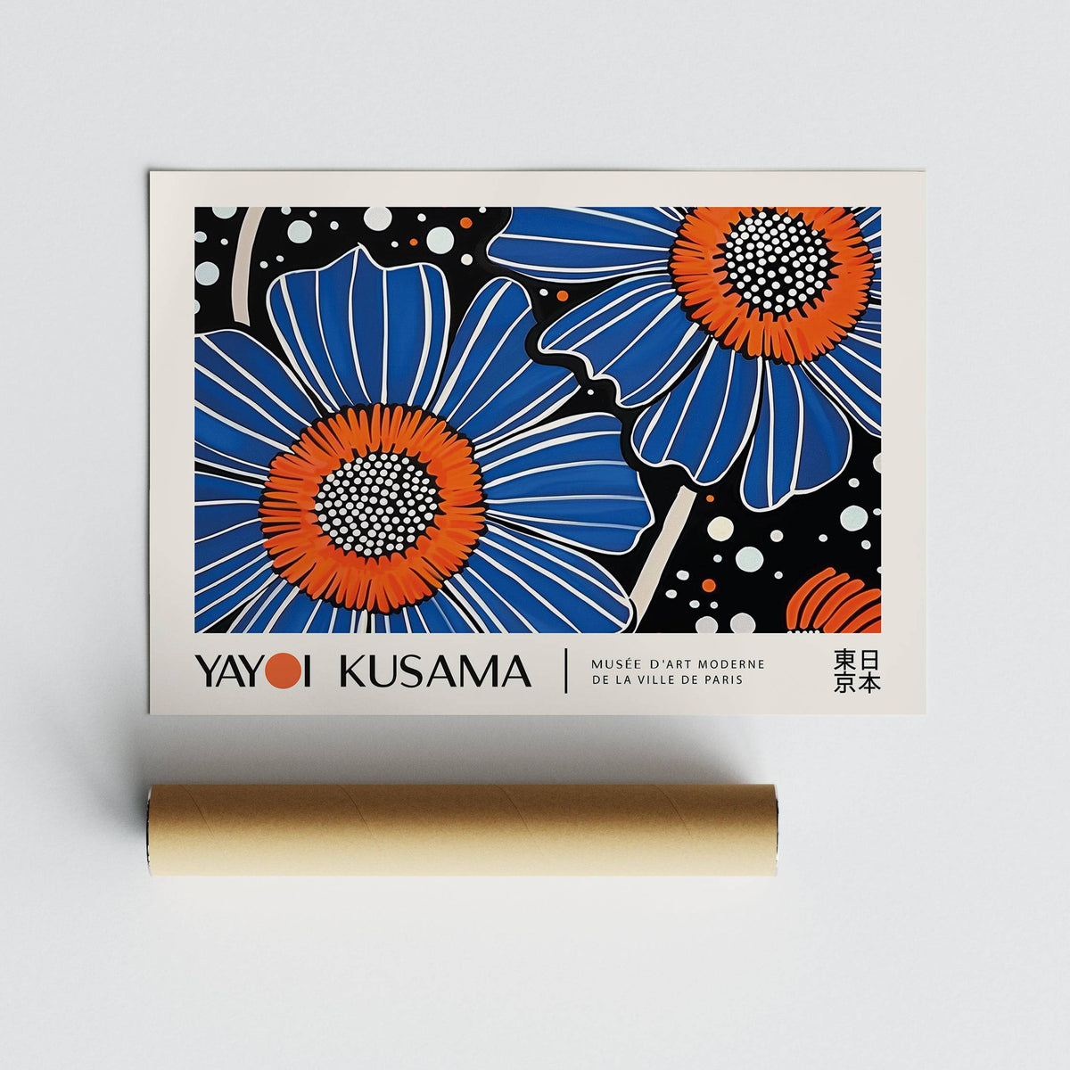 Unique Flower Art showing blue and orange pop-art flower illustration with a white border and a packaging tube