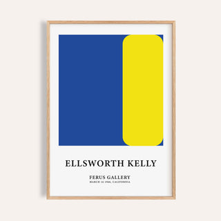 Minimalist art prints of a blue square and yellow rounded rectangle in a wooden frame