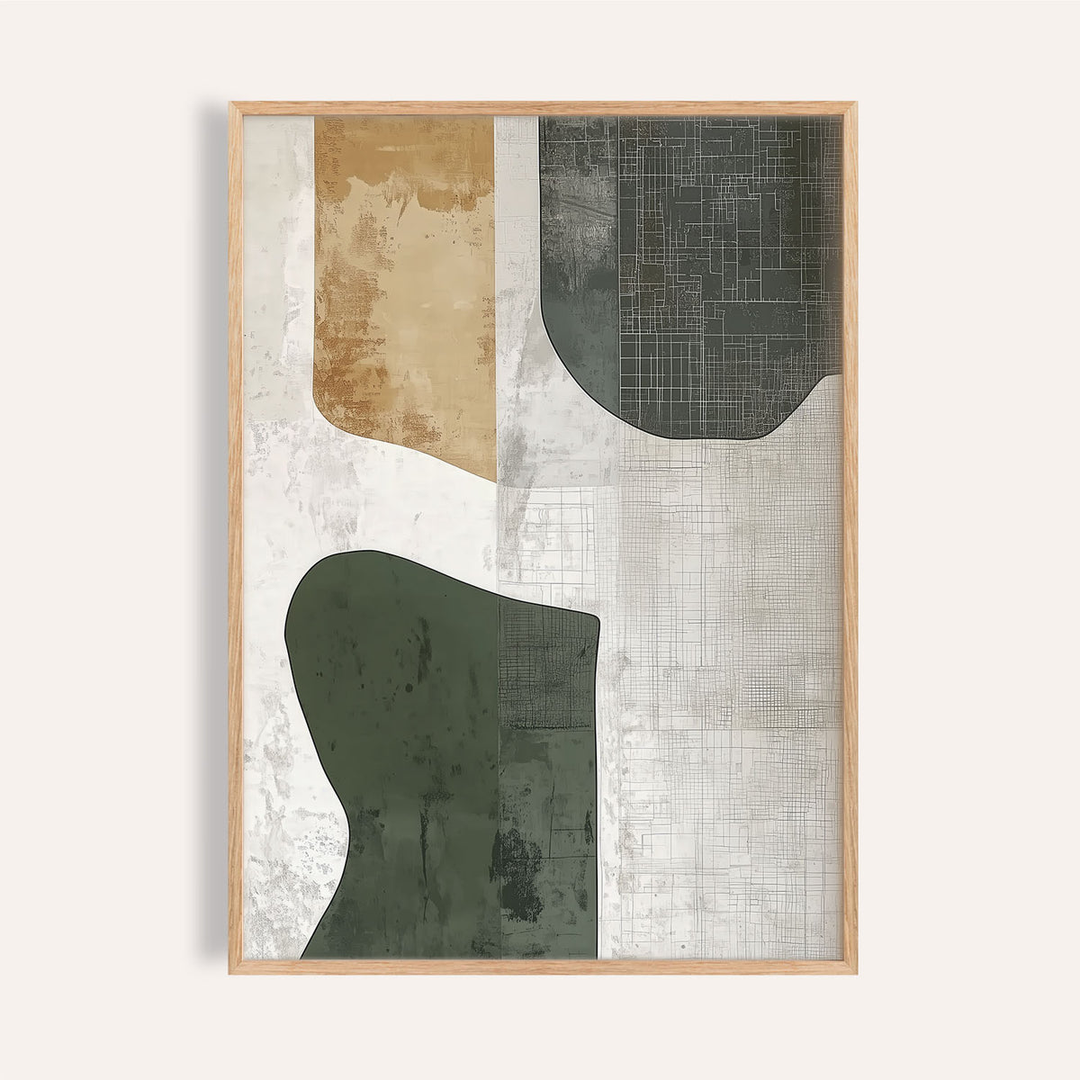 Abstract Art Neutral framed print with green and beige forest shapes on a pale background