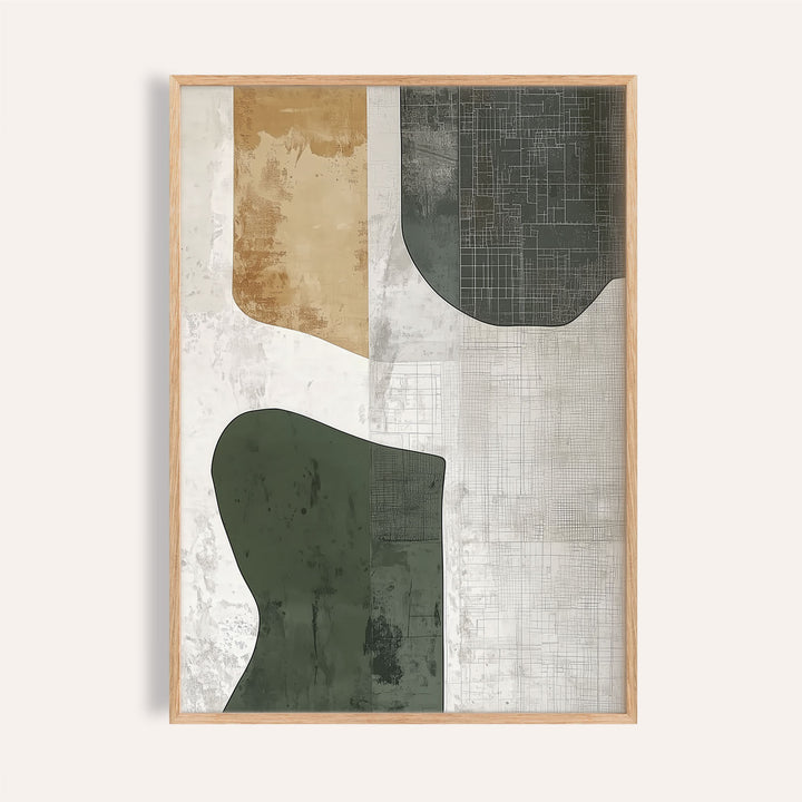 Abstract Art Neutral framed print with green and beige forest shapes on a pale background