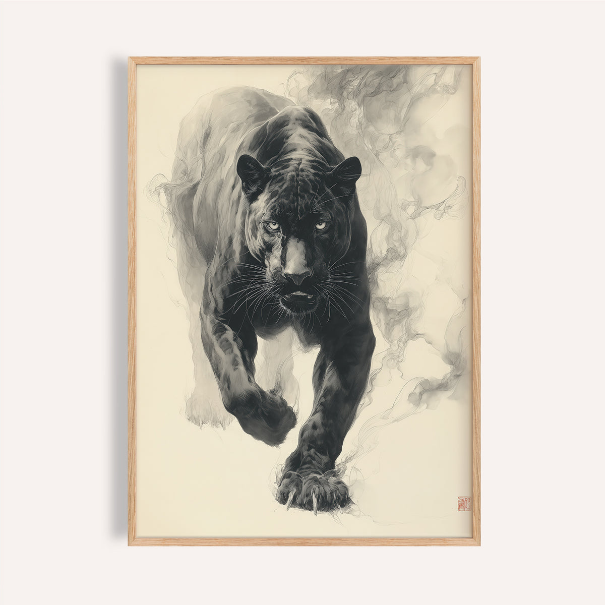 Framed print close-up of a black panther in traditional Japanese ink style in greyscale