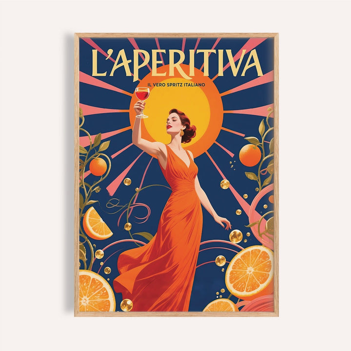 Framed print close-up of a woman in an orange dress holding a spritz gift with orange and blue tones