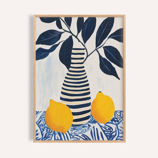 Lemon art print of a striped vase with lemons and dark blue leaves on a patterned surface