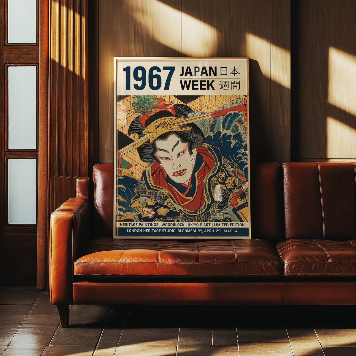 Print leaning on a brown leather sofa showing a ukiyo-e samurai portrait with red and blue details in a wood-panelled room