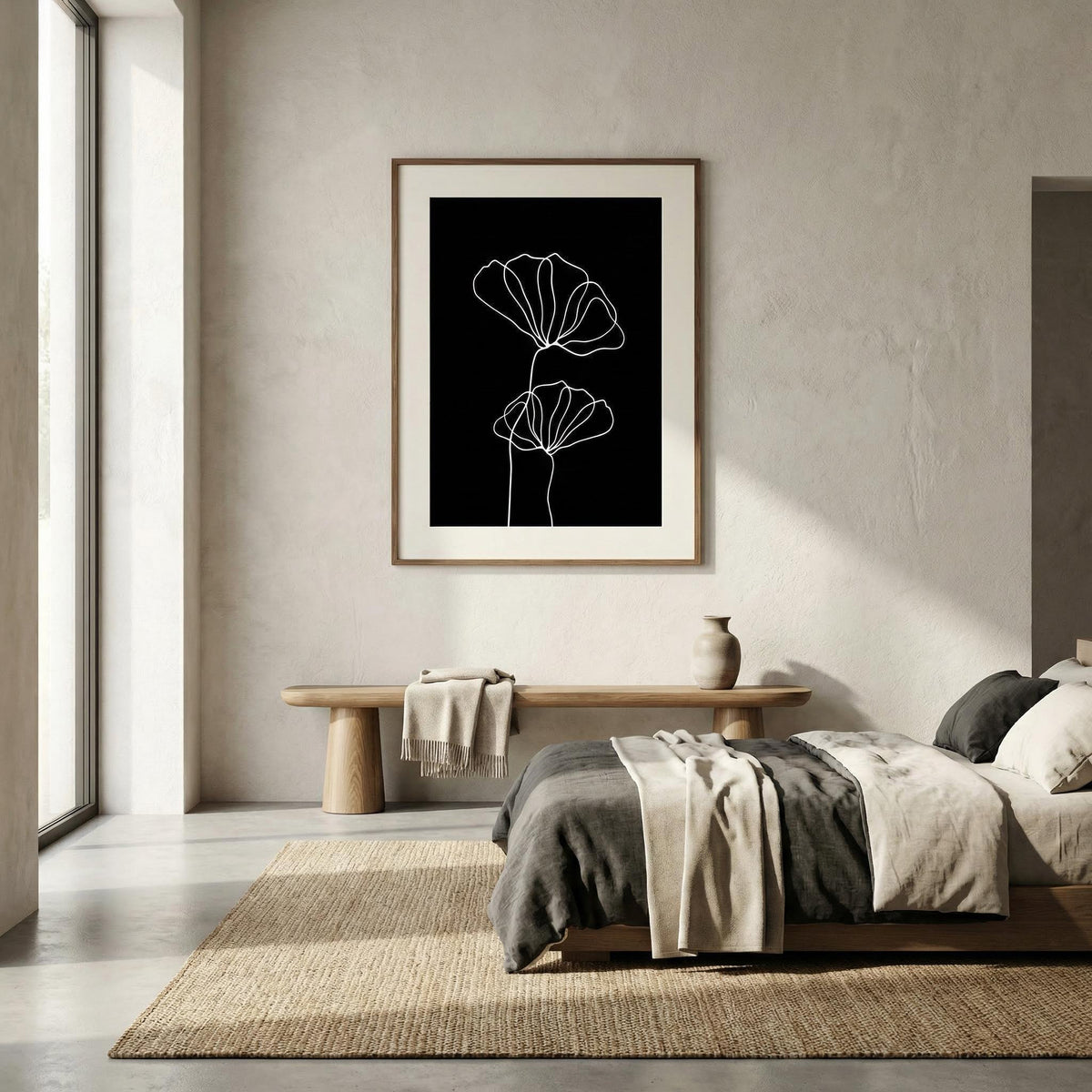Line Art Floral Print on a bedroom wall showing white line art flowers on a black background with a wooden bench below