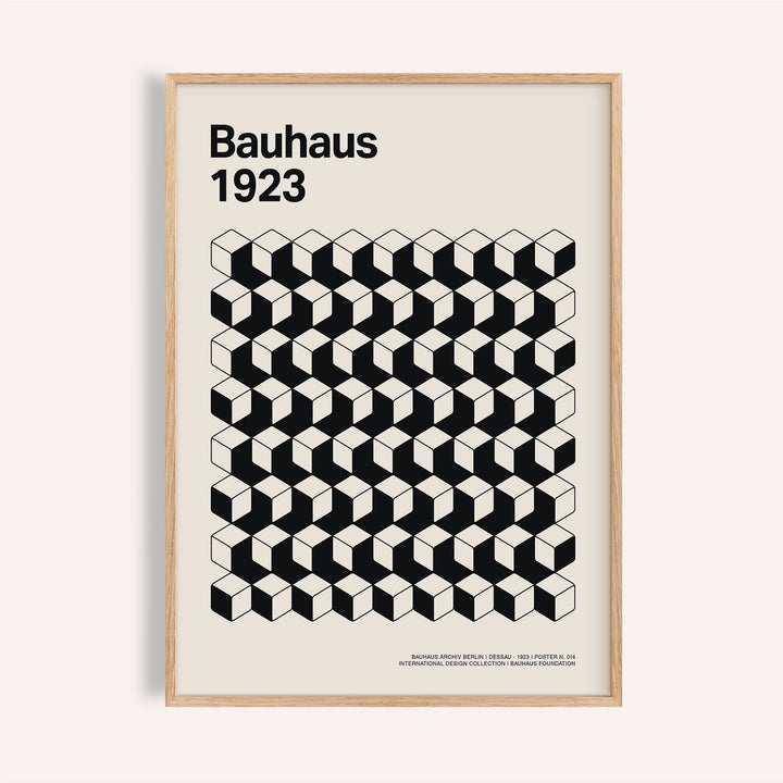 Framed print close-up of Bauhaus Design with black and white cubes and Bauhaus 1923 text