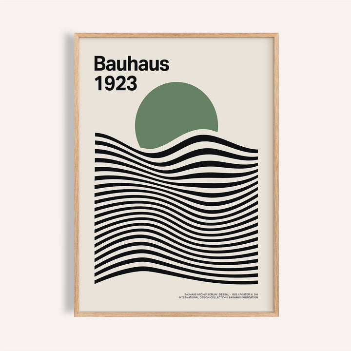 Framed Sage Green Print with green circle and black wavy lines in Bauhaus style