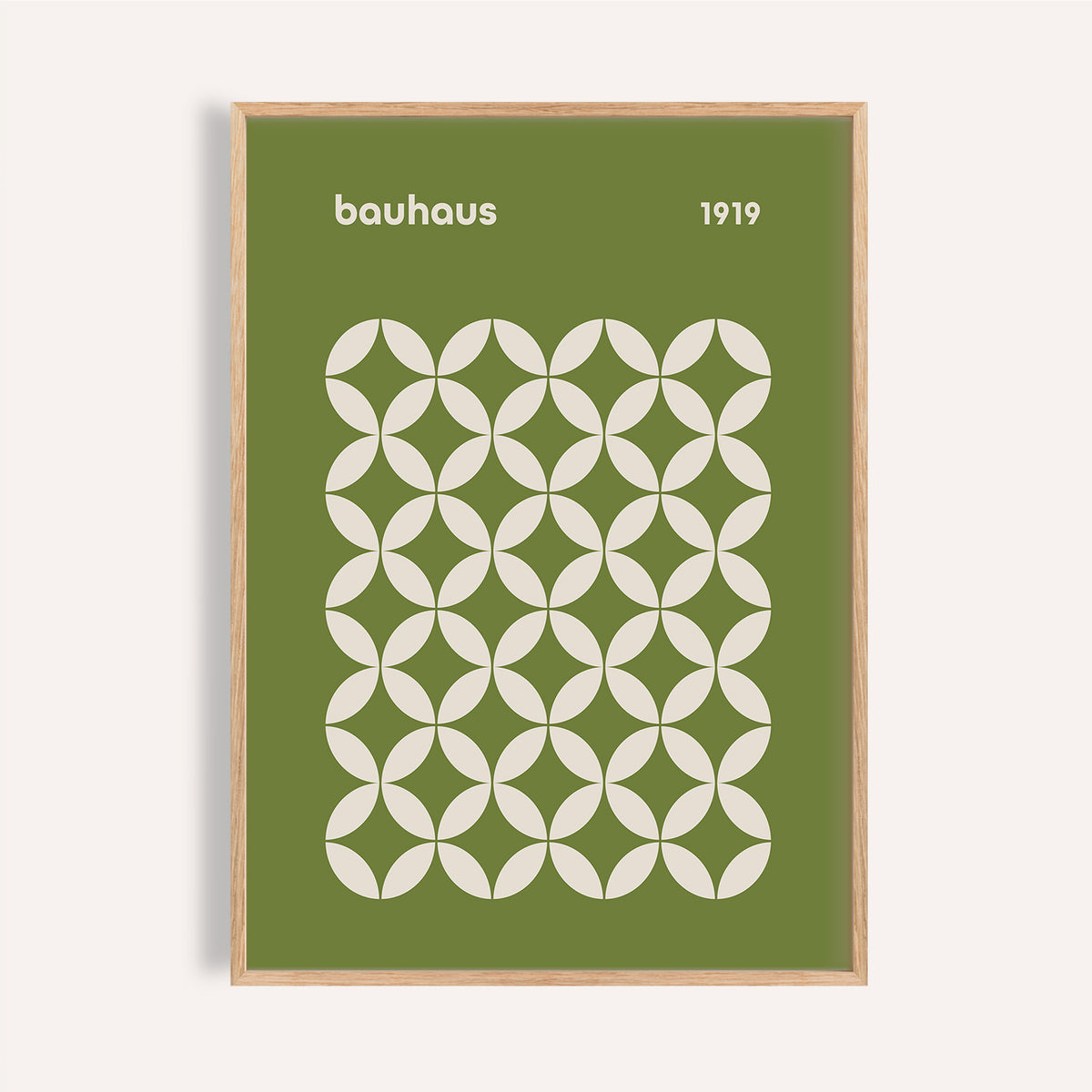 Framed print close-up of Mid Century Geometric Bauhaus with white circle petal pattern on olive background