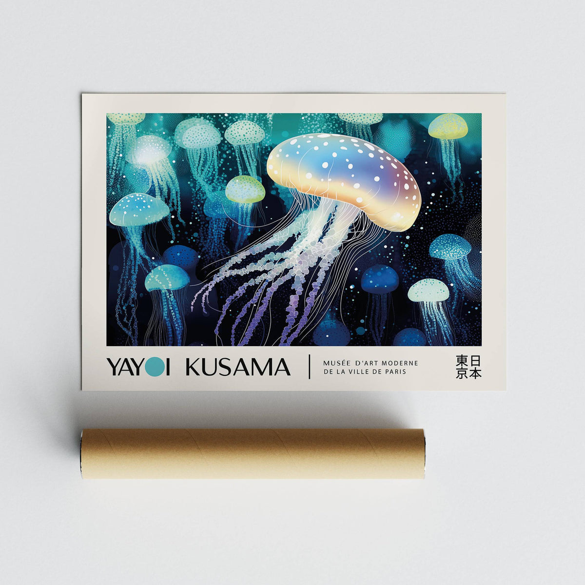 Jellyfish wall art with spotted jellyfish and text beneath against a plain background with packaging tube