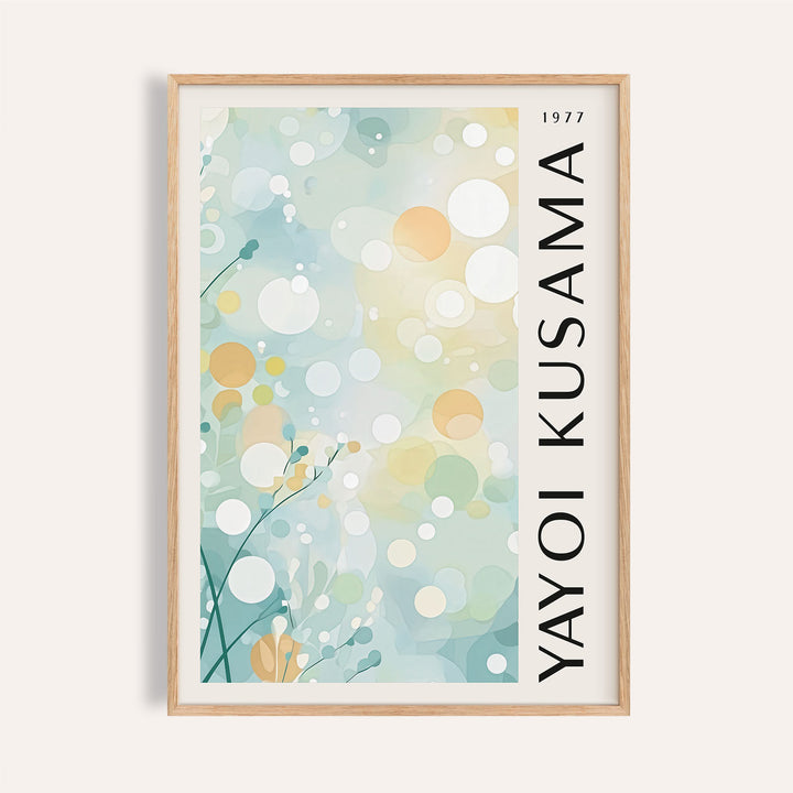 Light Blue Wall Decor with abstract pastel nature shapes in blue and soft orange with text on the side