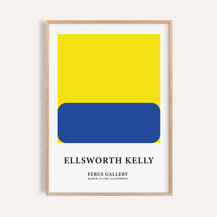 Minimalist Artwork framed close-up with blue rounded rectangle on yellow square and white text below