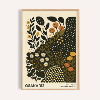 Framed Daisy Art Print with minimalist illustration of daisy flowers and foliage in green and mustard tones