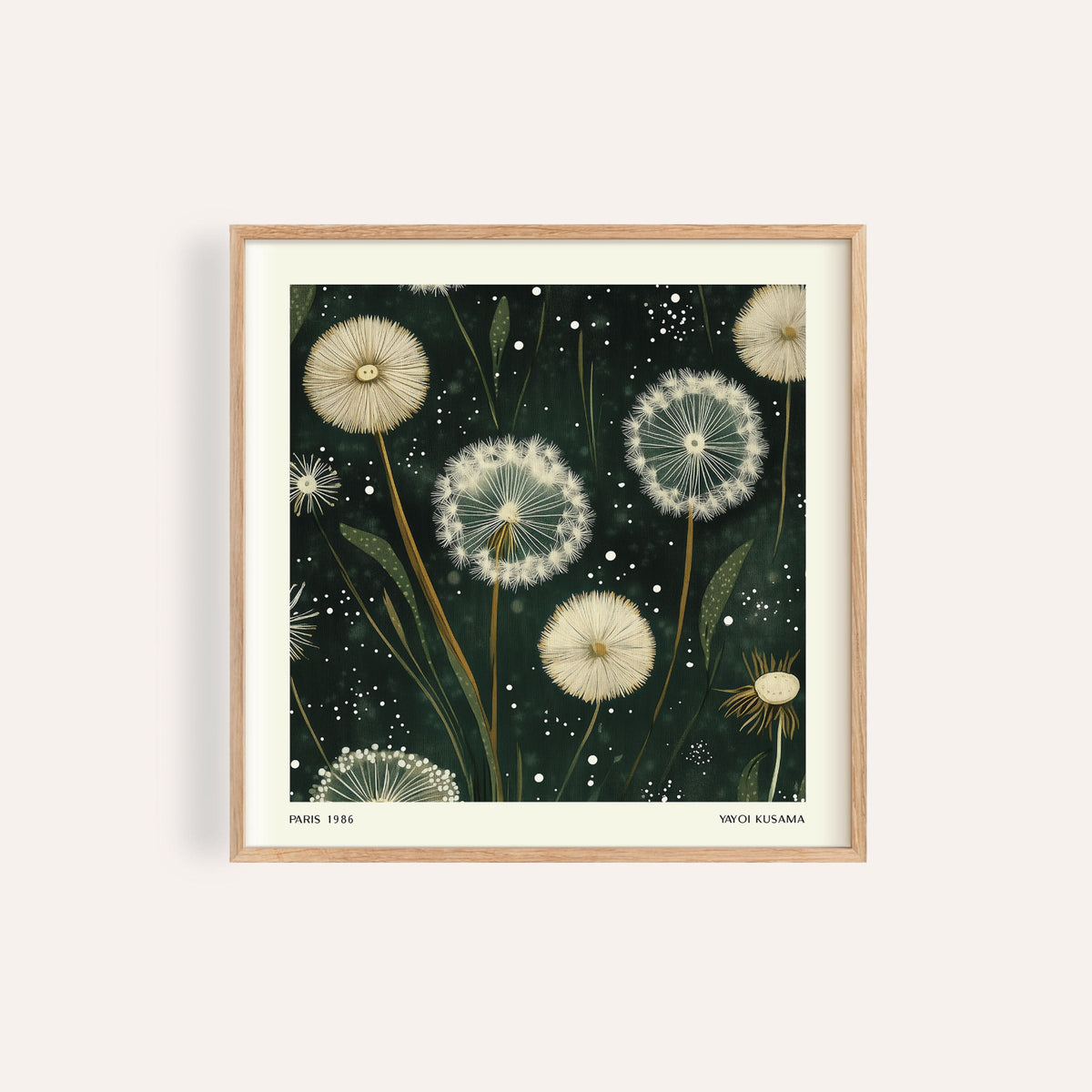 Square wall art showing white dandelion seed heads detailed against a dark background with botanical illustration style
