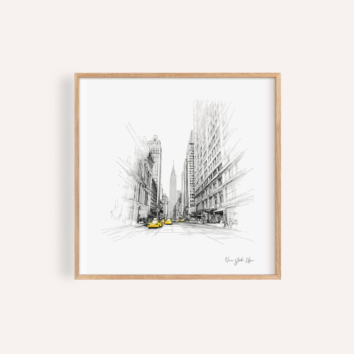 Framed New York City drawing of street scene with yellow taxis and tall buildings
