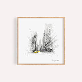 Framed New York City drawing of street scene with yellow taxis and tall buildings