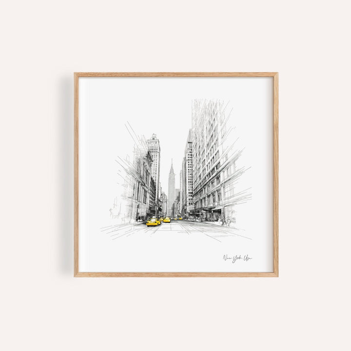 Framed New York City drawing of street scene with yellow taxis and tall buildings