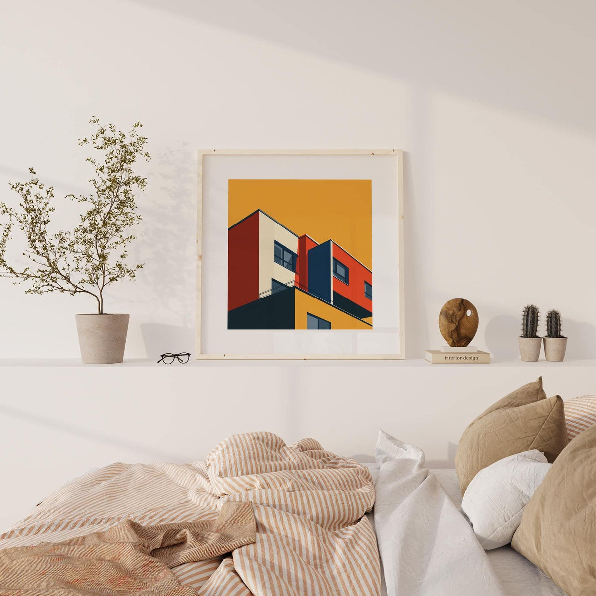 Print on a wall of modern abstract building in orange yellow and blue colours with plant on shelf in bedroom
