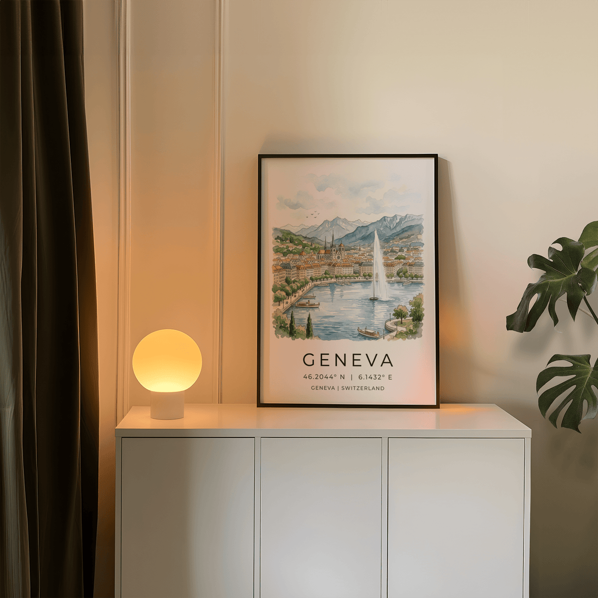 Geneva Landscape Art Print leaning on a sideboard with a glowing lamp and green plant nearby