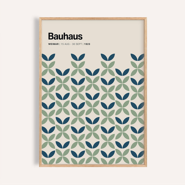 Blue and Green Wall Art Bauhaus geometric leaf pattern in blue and green in a natural wood frame