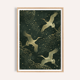 Framed print of flying cranes in Japanese ink style with green and gold colours