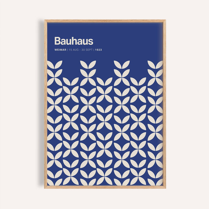 Framed Blue Modern Wall Art featuring white petal shapes in bauhaus style with text in top left