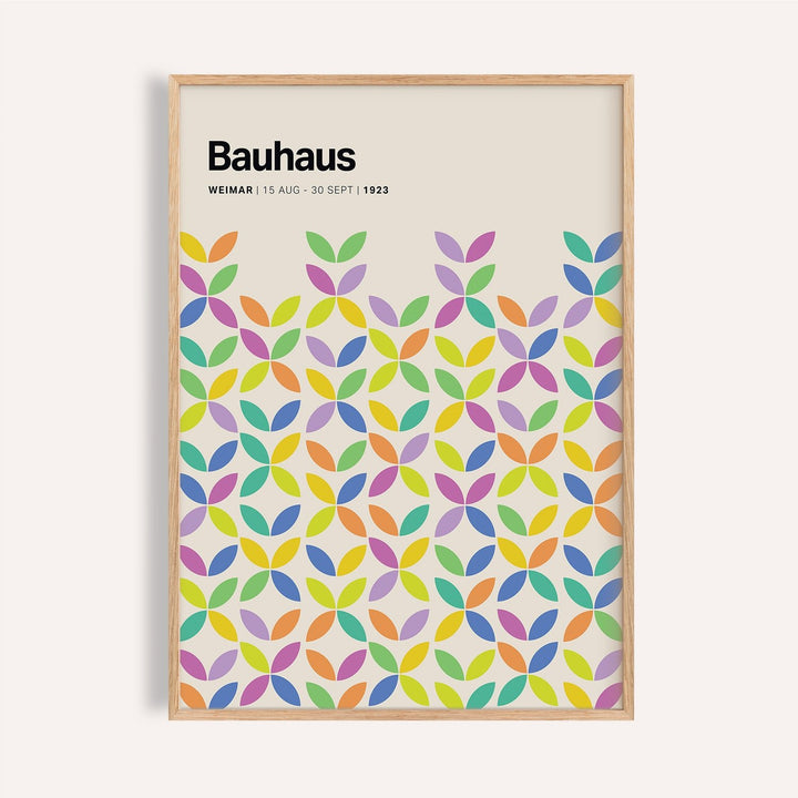 Framed Colorful Bauhaus Poster with abstract colorful petals in pastel tones