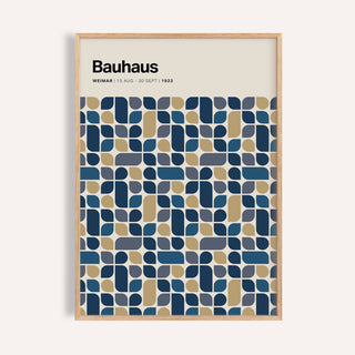 Framed print close-up of a geometric grid pattern in navy and gold with Bauhaus text