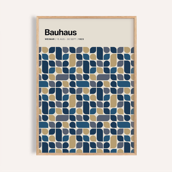 Framed print close-up of a geometric grid pattern in navy and gold with Bauhaus text