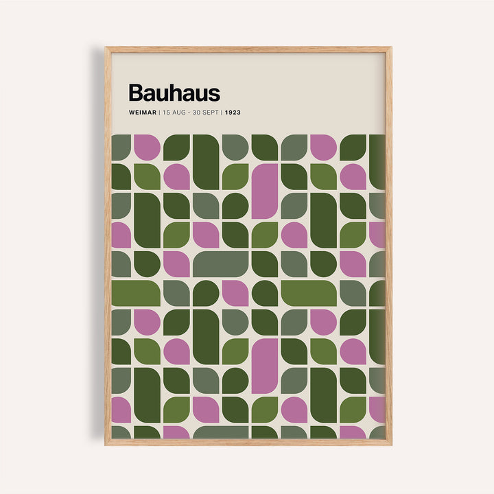 Framed Bauhaus Exhibition 1923 print with green and purple geometric leaf pattern on cream background