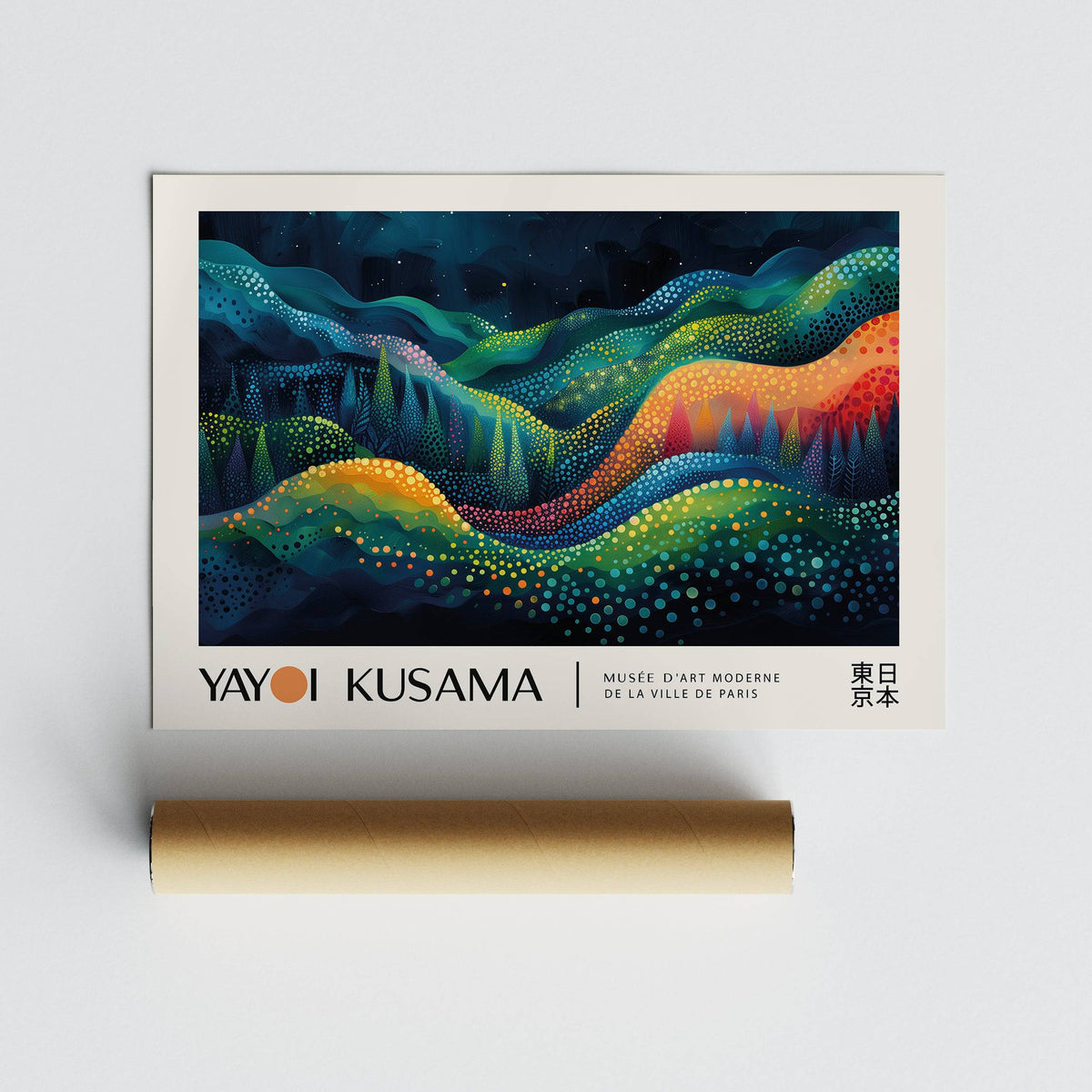 Horizontal Abstract Art of colourful abstract waves in blues, greens and orange with gold dots with packaging tube below
