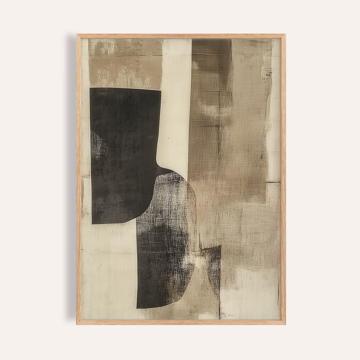 Framed print showing abstract shapes in black and cream with textured beige background