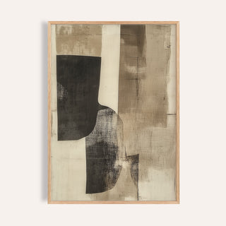 Framed print showing abstract shapes in black and cream with textured beige background
