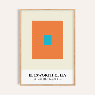 Framed print of Ellsworth Kelly Artwork with central blue square on orange background and text label below