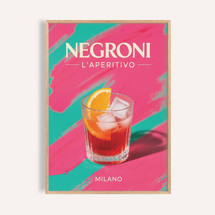 Framed Retro Cocktail Art with negroni cocktail and orange slice on pink and green background