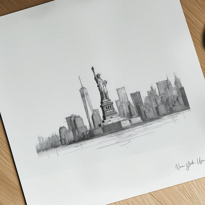 Close-up of minimalist Statue of Liberty print showing fine pencil line details and skyline