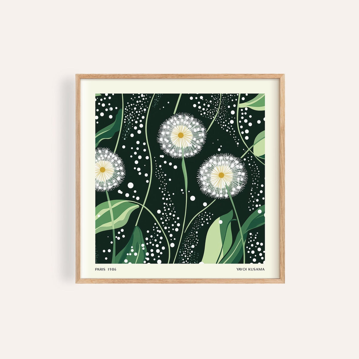 Green wall decor of dandelion seed heads with green leaves in wooden frame