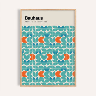 Framed Graphic Wall Art featuring a modular geometric pattern in blue and orange colours