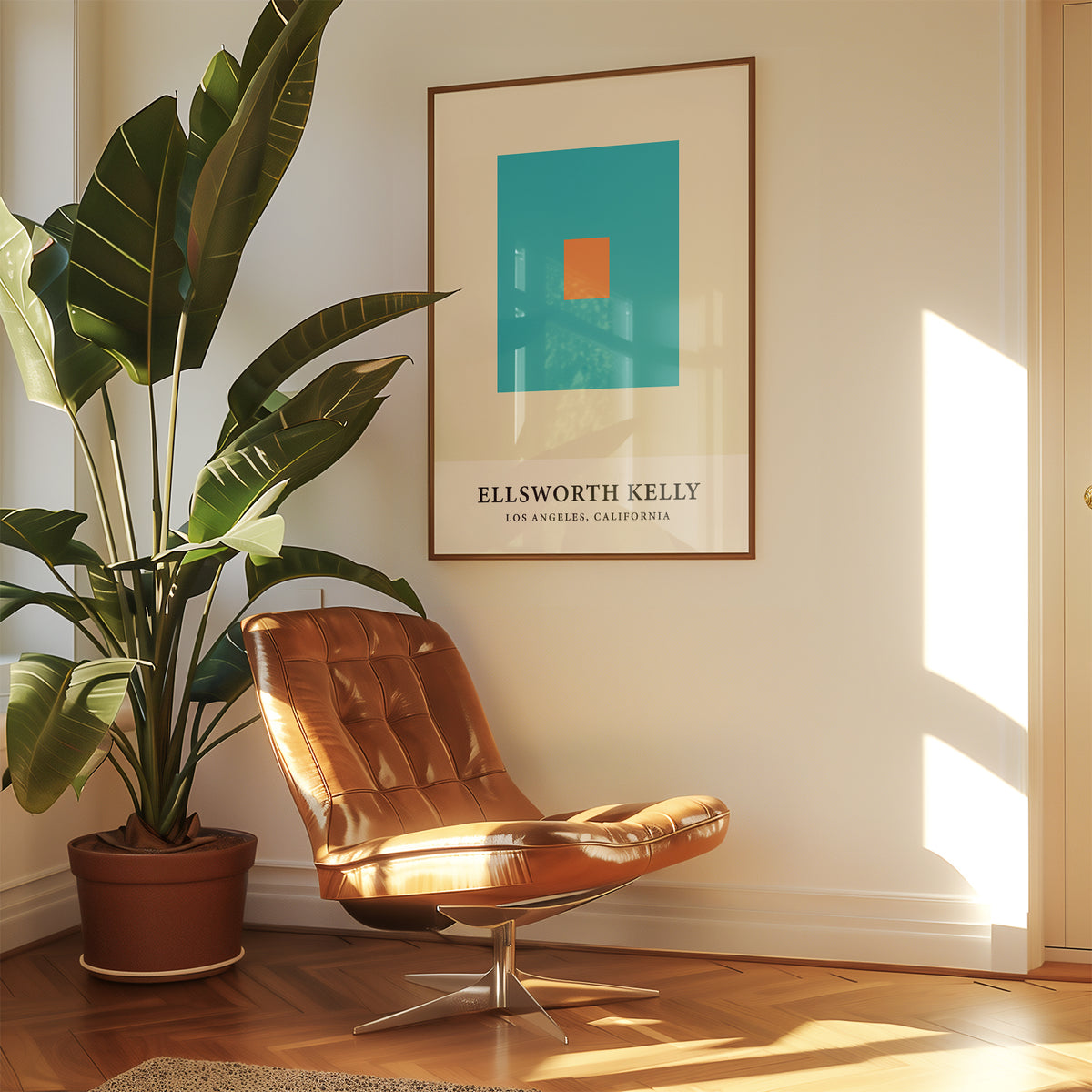 Wall office art with blue and orange squares framed above a brown leather chair and a large green plant