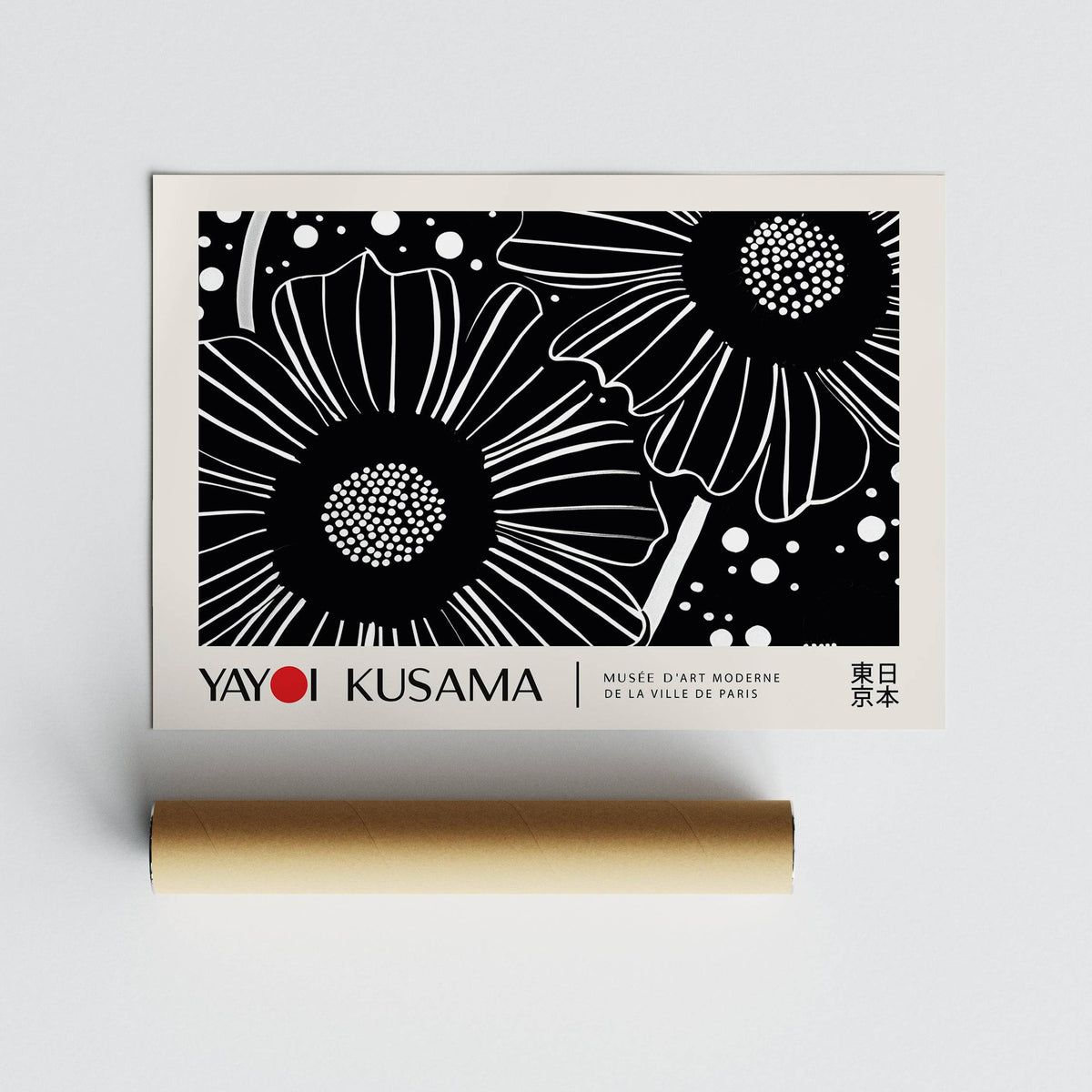 Horizontal wall hanging showing black and white minimalist line-art flowers with red text and a brown packaging tube