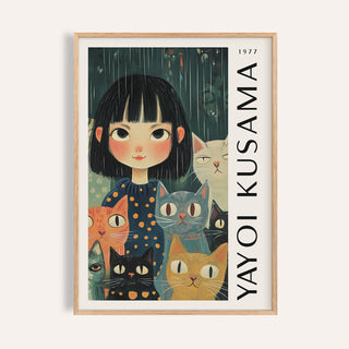 Yayoi Kusama poster featuring whimsical cat artwork