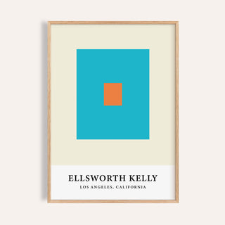 Wall Office Art framed print with an orange square centered in a large blue square and cream background