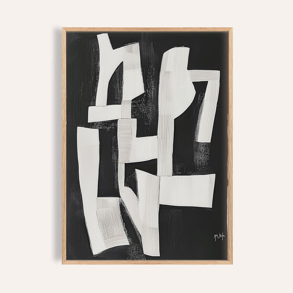 Framed Wabi Sabi Wall Art for Living Room with white abstract shapes on a black background
