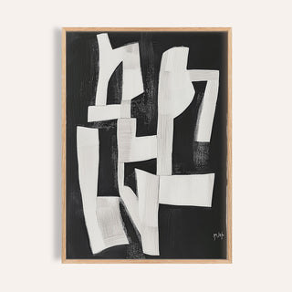 Framed Wabi Sabi Wall Art for Living Room with white abstract shapes on a black background