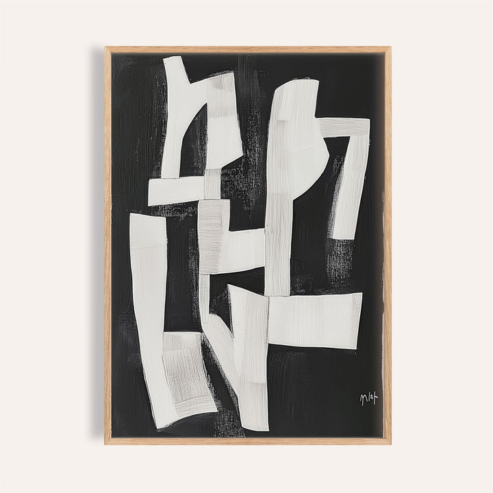 Framed Wabi Sabi Wall Art for Living Room with white abstract shapes on a black background