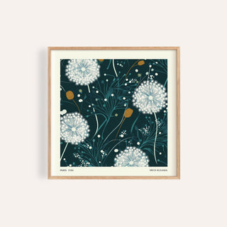 Framed dandelion wall art with white and brown botanical illustration on dark green background